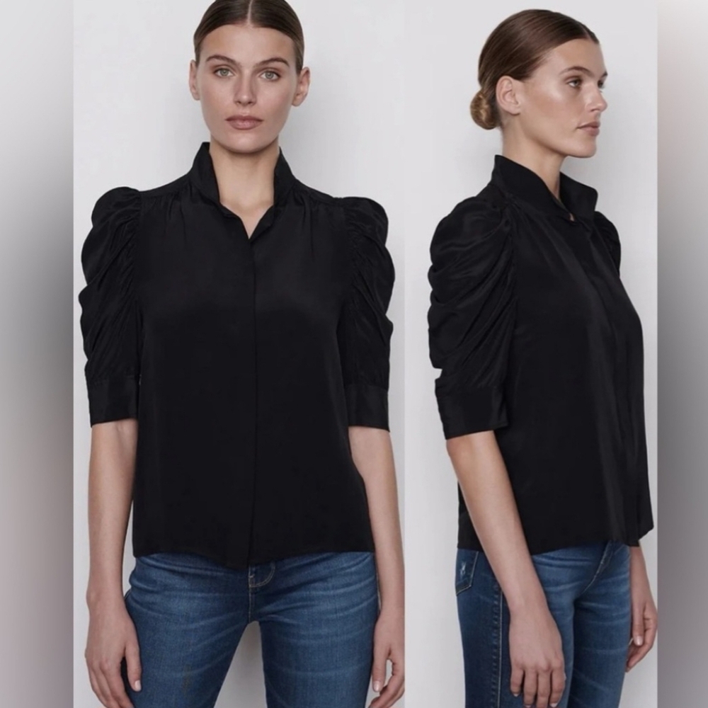 Frame Gillian Puff Sleeve Silk Top 3/4 Sleeve Button Up Black Small - Picture 15 of 15